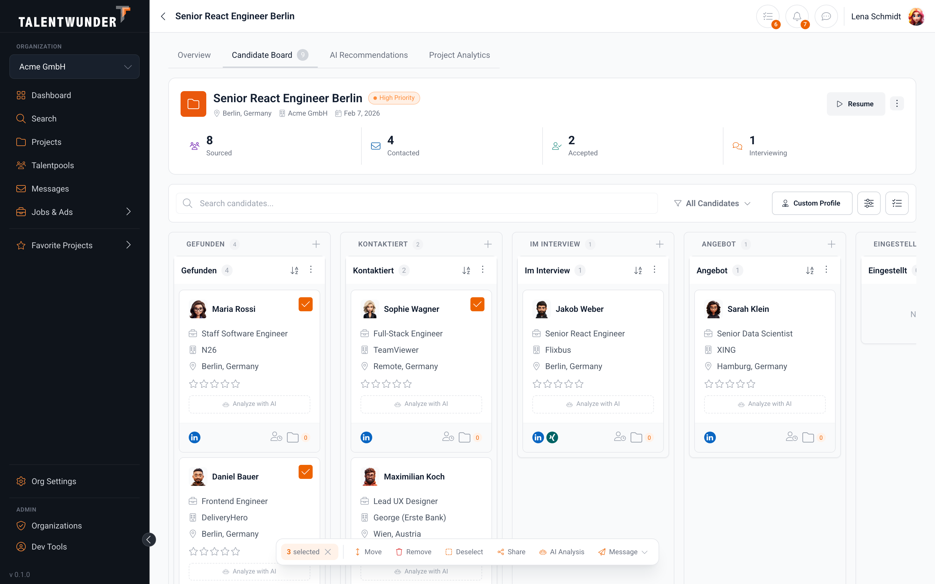 Talentwunder project Kanban with stages, status, and selected candidates