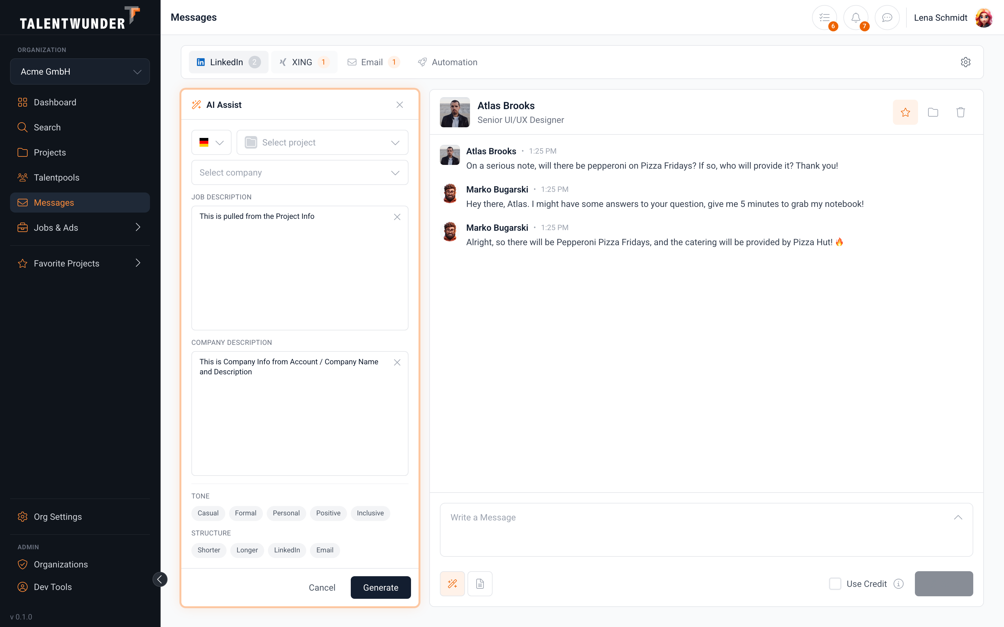 Talentwunder messaging composer with AI-generated first-message draft
