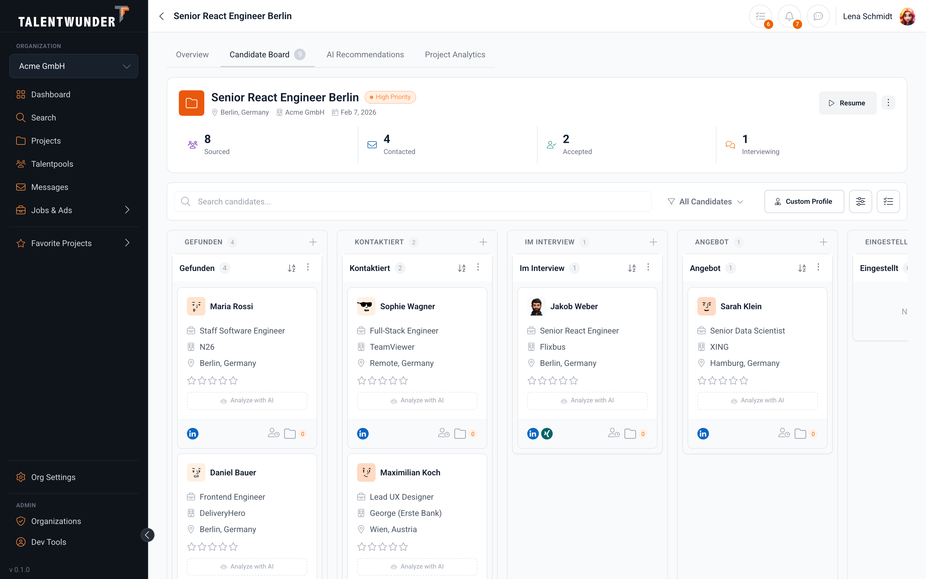 Talentwunder Project-Funnel mit Stage-Counts und Aufgaben