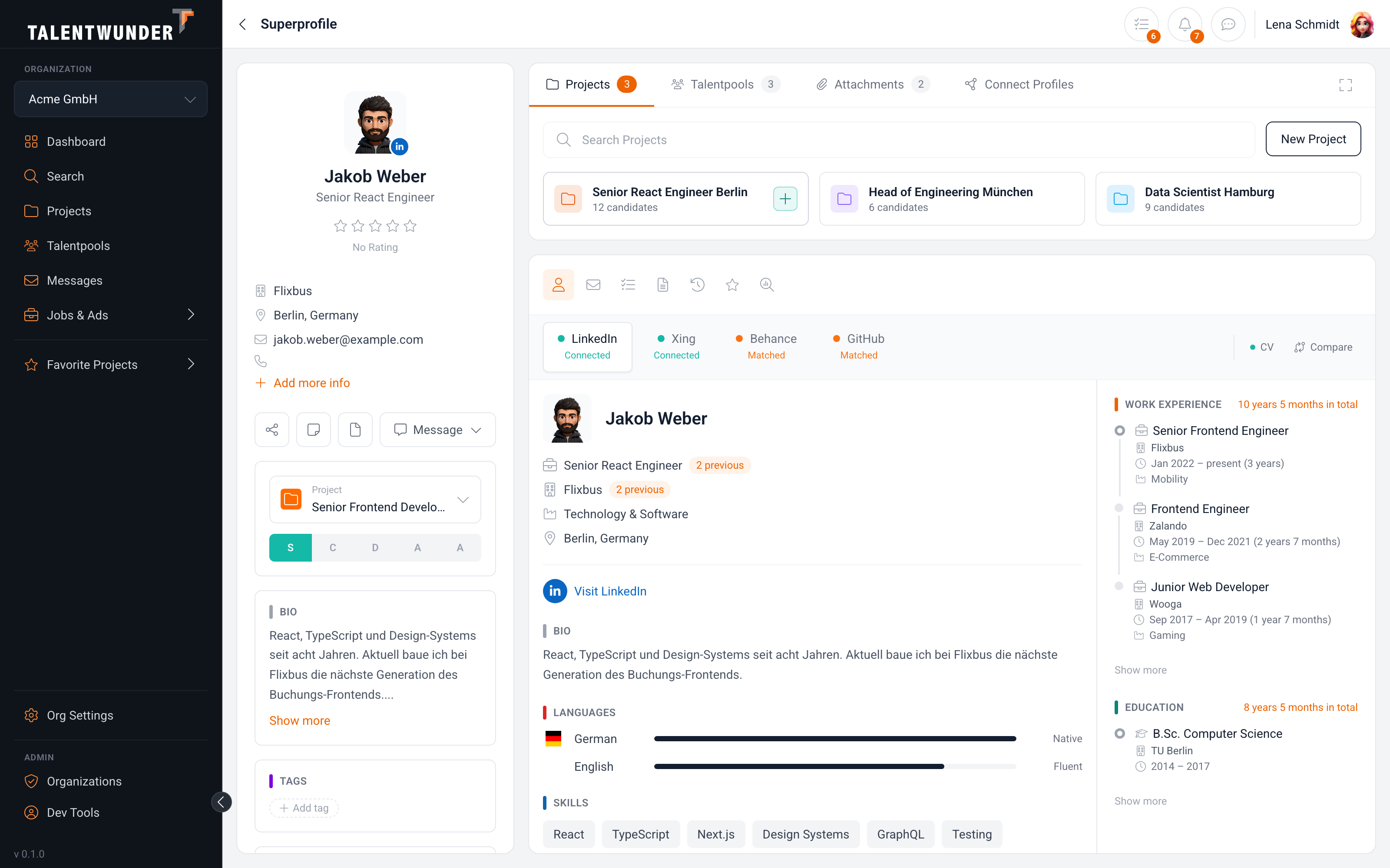 Talentwunder Super Profile with tags, notes, and project history